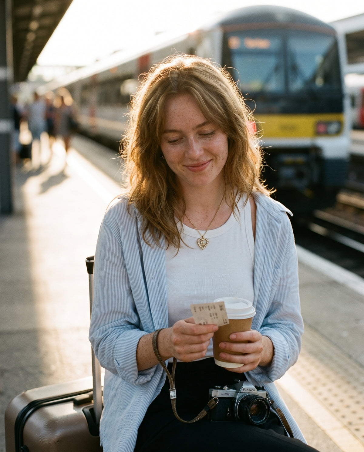 Styled image, AI-generated: worn on a train platform